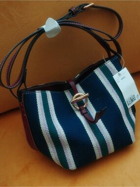 H&M Navy Striped Crossbody Bag with Green and Burgundy Accents